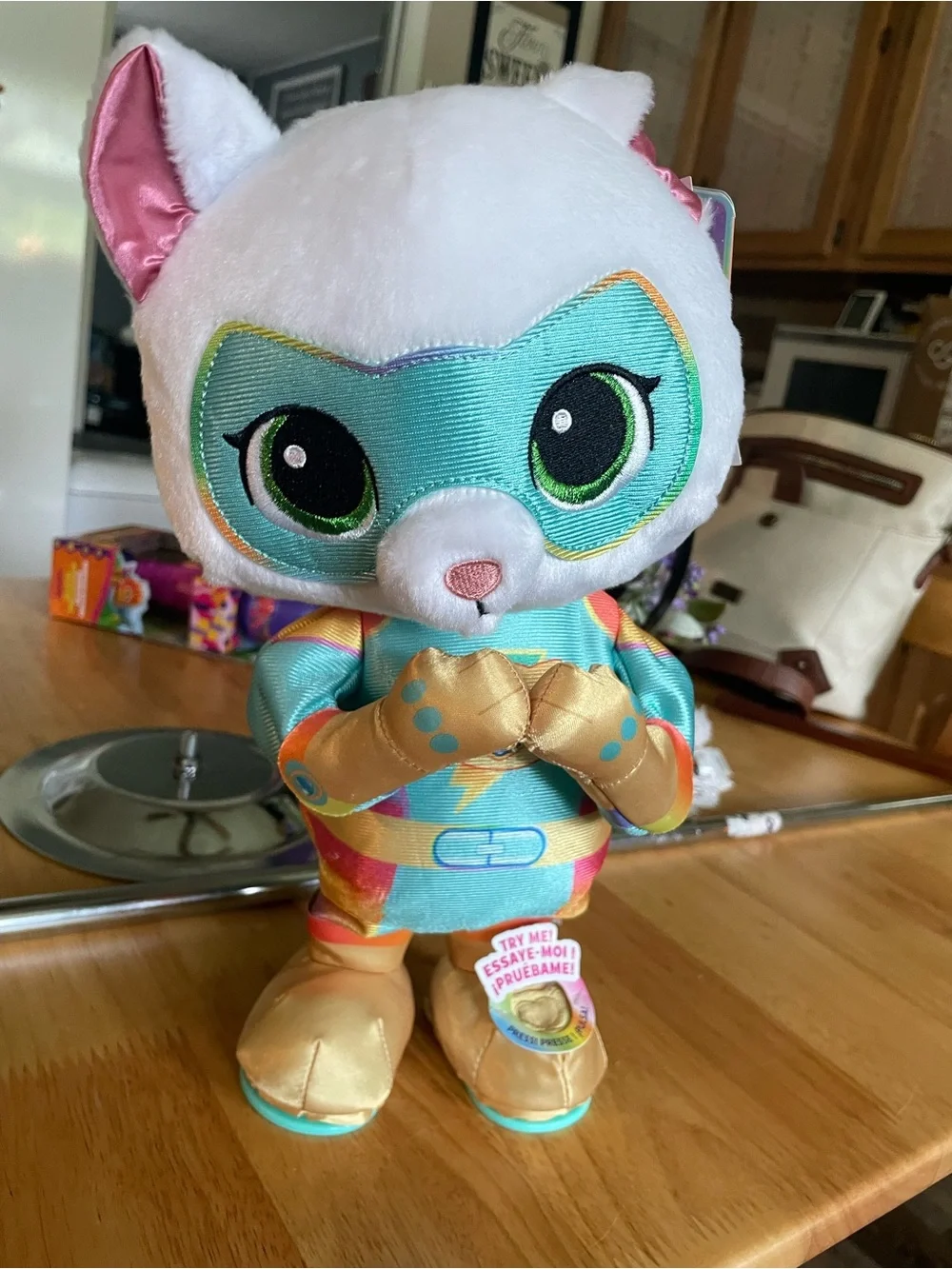Plush Cat Superhero Toy - White and Teal
